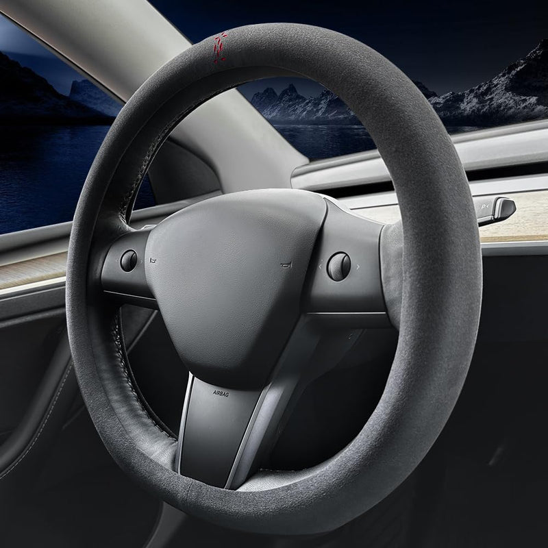 Carodi Suede car Steering Wheel Cover, Suitable for Tesla Model 3 /Model Y Steering Wheel Cover Black-A