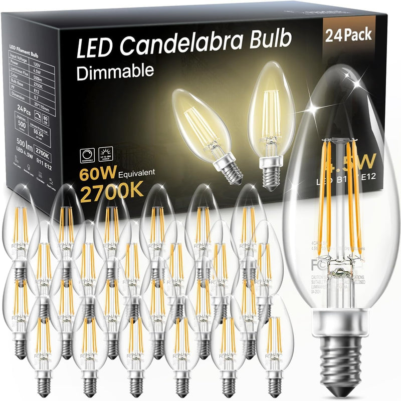 TJOY LED Candelabra Bulbs Dimmable, 60W Equivalent Chandelier Light Bulb, E12 Small Base, 4.5W 2700K Soft Warm White, B11 Vintage Filament Clear Glass Candle Light for Ceiling Fan Chandeliers, 24Pack 2700k Warm White 24 Pack