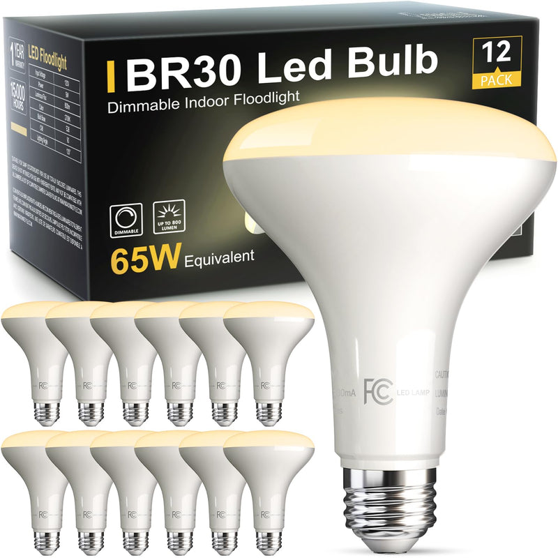 TJOY 12 Pack BR30 Flood Light Bulb Indoor, 65W Equivalent Dimmable Led Recessed Lights Bulb, 2700K Soft Warm White, E26 Base Bulbs for Kitchen Ceiling, Recessed Can, Replacement Incandescent, 9W,800LM 2700k Soft White