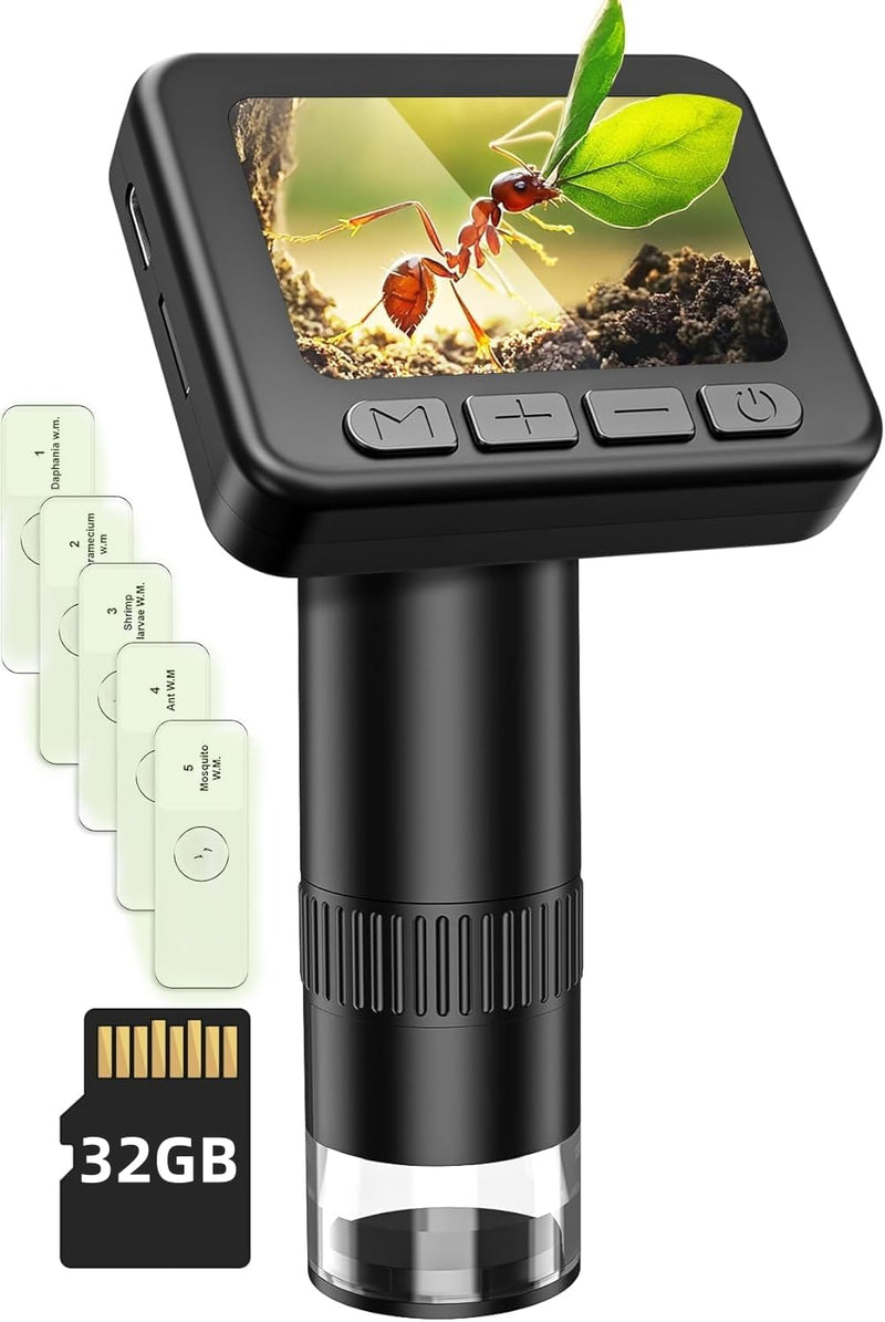 IMICHI Microscope for Kids 50X-1000X Magnification- 2 inch IPS HD Screen, 32GB storage Card, 1080P Video, 2-Hour Battery Life, Easy Carry, Slides Included - Perfect Science Kit Gift for Kids Ages 8-12 Black With SDcard&Slides