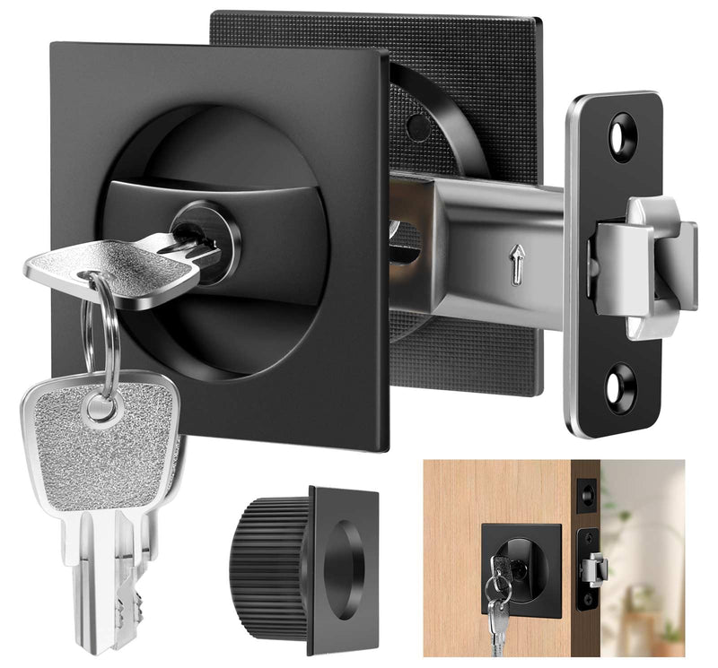 Pocket Door Lock, Pocket Door Lock with Key, Pocket Door Hardware, Matte Black Pocket Door Hardware,Pocket Door Edge Pull kit, Square Design(Black)