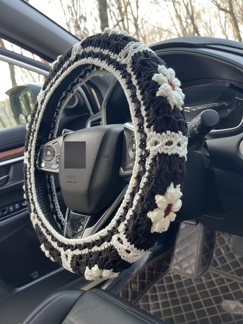 Daisy Crochet Steering Wheel Cover,Cute Seat Belt Cover,Women car Accessories (Black Steering Wheel Cover) Black Steering Wheel Cover