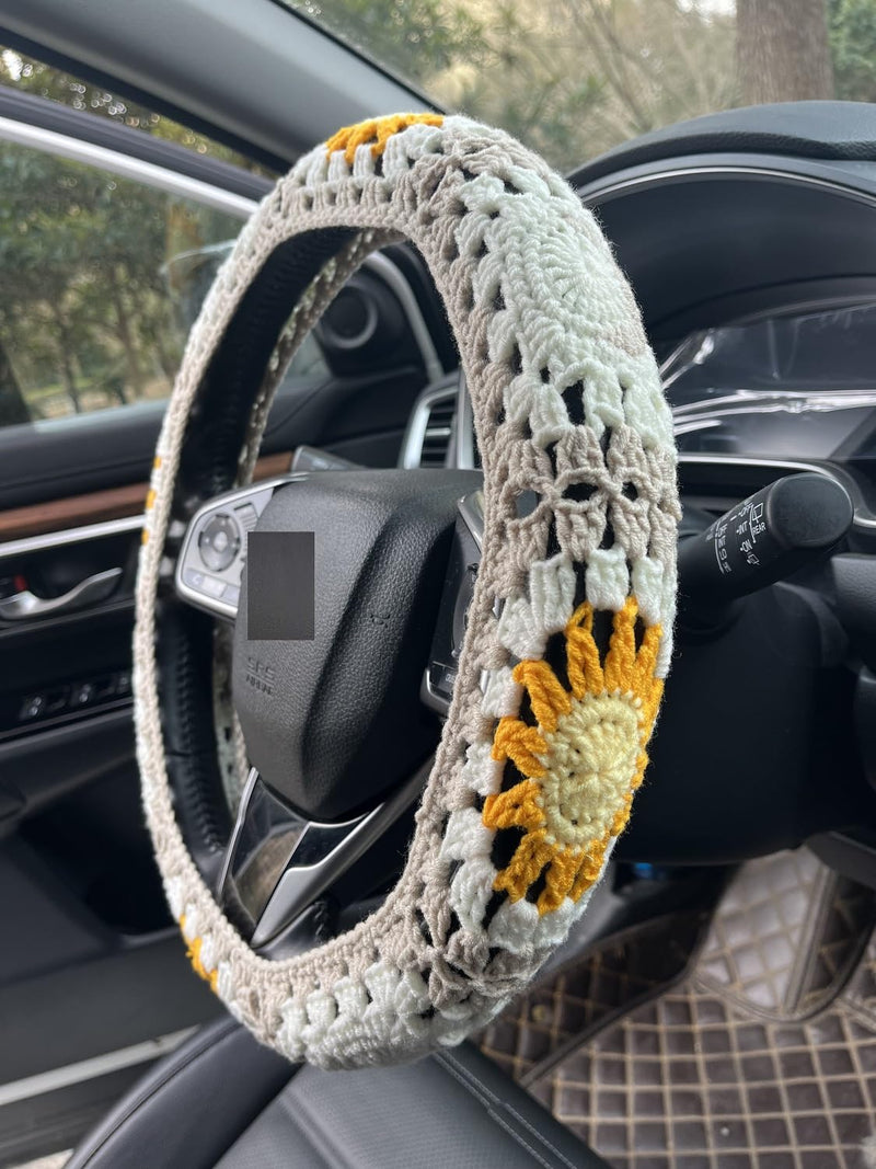 Handmade Crochet Sun Moon Car Steering Wheel Covers Universal 14-15 inch,Cute Steering Wheel Cover,Car Accessories (Steering Wheel Cover)