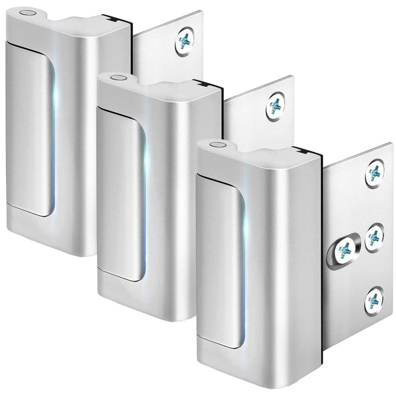 A-Four Home Security Door Reinforcement Lock 3 Pack - Durable Aluminum Alloy, Withstands 800 lbs of Force, Family and Child Safety Locks for Doors with 24 Stainless Steel Screws, Silver Finish Pack of 3