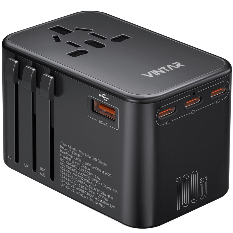 Universal Travel Adapter, VINTAR 100W GaN International Power Adapter with 3 USB C PD and 1 USB A QC, All in One Plug Adapter, Travel Adapter Worldwide for EU/UK/USA/AUS(Type C/G/A/I) 100W-Black