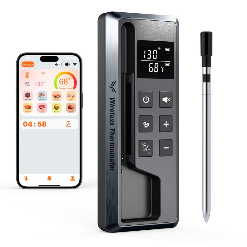 Meat Thermometer Digital Wireless, 800FT Long Range Bluetooth Cooking Thermometer, Food Thermometer for Remote Monitoring of Grill, Oven, Smoker, Air Fryer, Rotisserie, iOS & Android App Grey