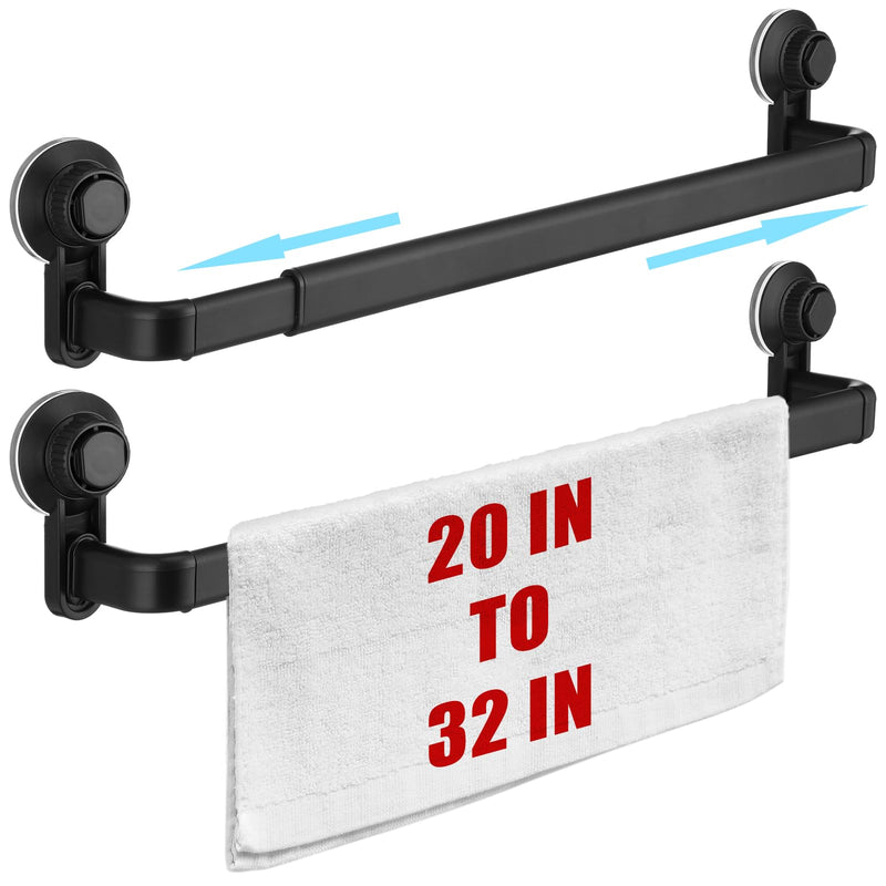 Gisafai 2 Pcs Extendable Suction Cup Towel Bar for Bathroom 20-32 Inches Towel Rack Shower Hanger Rod with Stickers Adjustable Long Holder for Glass Shower Door Wall Bath Kitchen(Matte Black)
