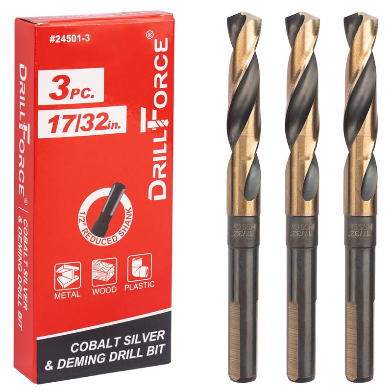 3PCS 17/32 Inch Cobalt Drill Bits HSSCO High Speed Steel M35 S&D Twist Drill Bits for Stainless Steel 1/2" Reduced Shank 6" OAL 135-Degree Split Point 17/32"(3PCS)