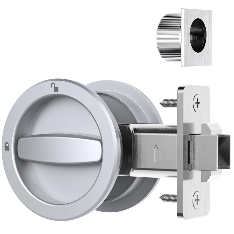 AST Round Pocket Door Lock with Edge Pull, Sturdy Privacy Bifold and Cavity Sliding Door Lock with Flush Pull, Replacement Hardware with Latch, Made of Zinc Alloy, Fingermark Proof, Satin Chrome Satin chrome - Round
