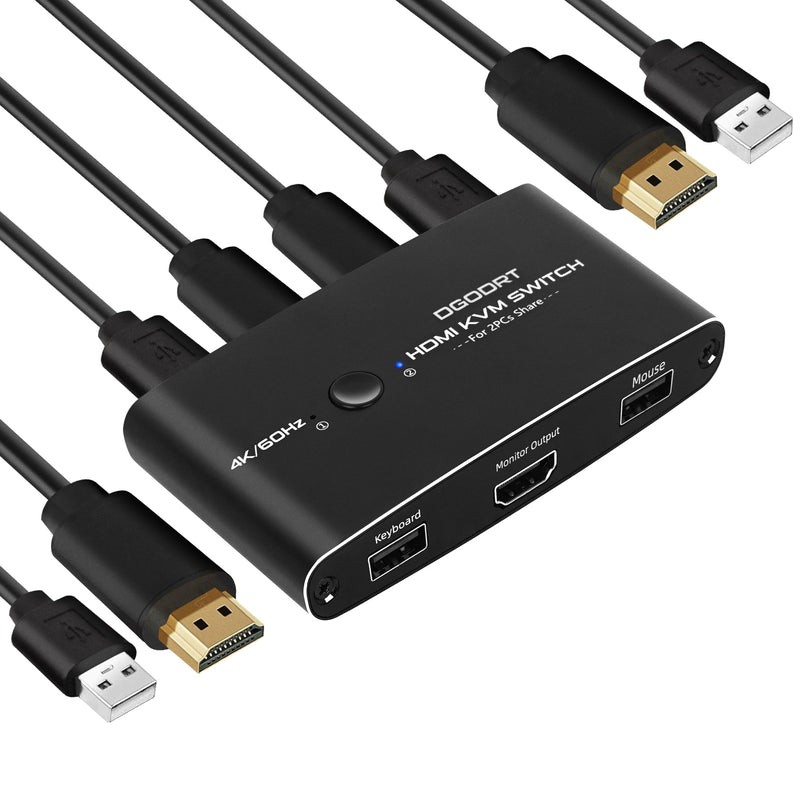 DGODRT HDMI KVM Switch 2 Port 4K@60Hz HDMI USB Switch for 2 PCs Share 1 HD Monitor and 2 USB Devices, Including 2 USB Cables & 2 HDMI Cables