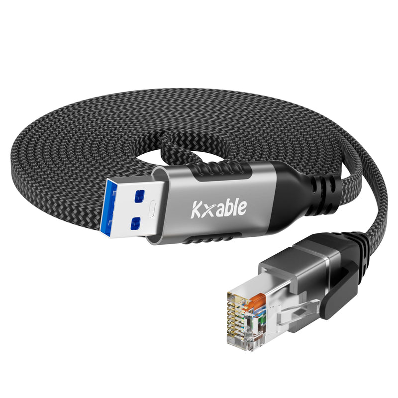 Flat USB to Ethernet Cable 15 FT, USB 3.0 A to RJ45 Thin Cord, Directly Connected, Aluminum, Braided, OFC, USB to RJ45 Gigabit LAN Network Cable for Laptop, PC, Switch and More, OD: 0.8in x 0.25in 15 Feet USB A to Ethernet