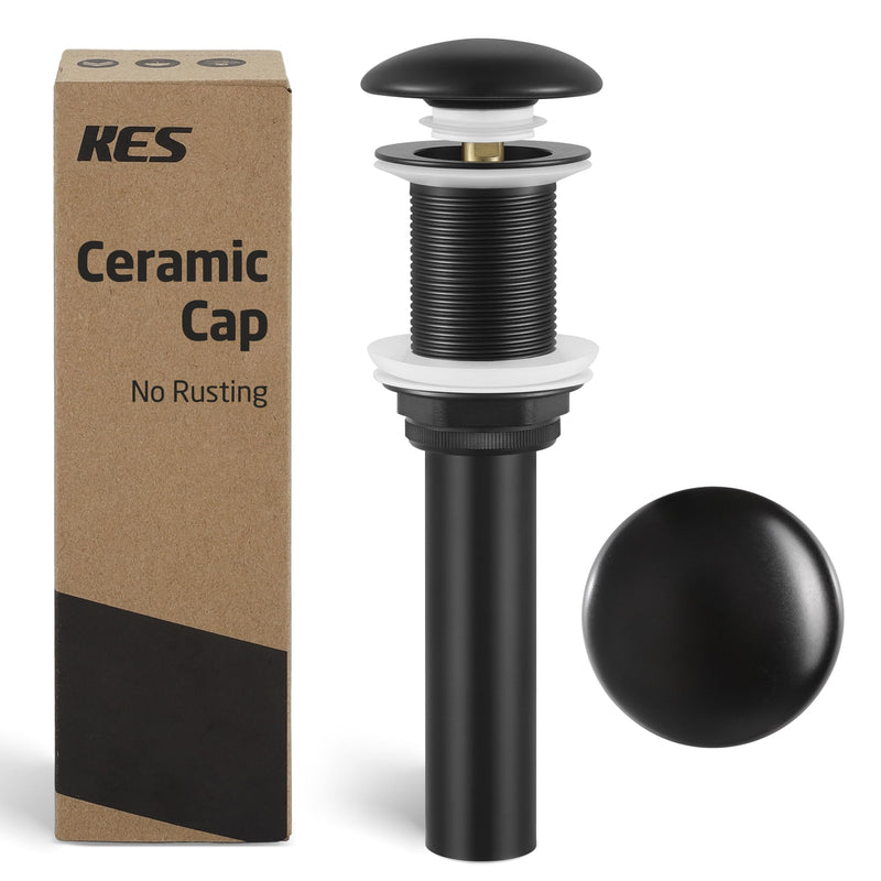 KES Solid Ceramic Cap Bathroom Sink Drain Without Overflow, Pop Up Drain for Bathroom Sink, Ceramic Bathroom Sink Stopper, All-Metal Body Matte Black, S2008D-CB for NO overflow sink