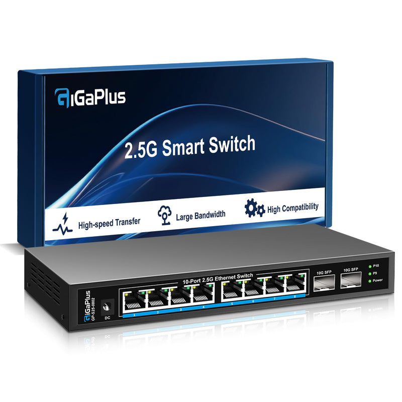 10 Port 2.5Gb Unmanaged Ethernet Switch with 8* 2.5G Base-T Ports, 2* 10G SFP+ Ports. GiGaPlus 2.5Gbps Network Switch for 2.5Gbps NAS/PC, WiFi6 Router, Wireless AP. Fanless Design, Plug and Play 10 port Unmanaged | 8X2.5G+2X10G SFP
