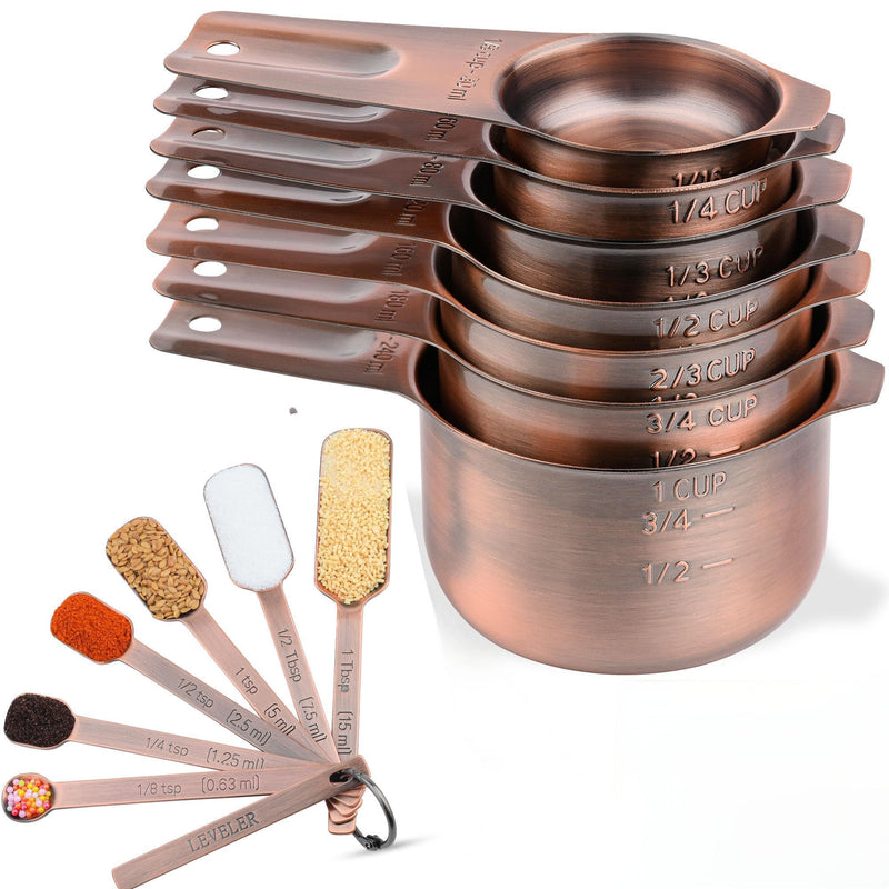 Copper Measuring Cups and Spoons Set 14, Stainless Steel Measuring Cups and Spoons set for Kitchen & Baking, 7 US & Metric Measure Cups & 6 Long Handle Spice Measuring spoons & 1 leveler Copper
