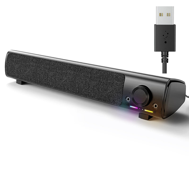 Computer Speakers, USB Powered 3.5mm AUX PC Sound Bar for Desktop Monitor, Gaming Speakers with Headphones & Microphone Link, Superb Stereo Sound, Plug-n-Play (Black) Black