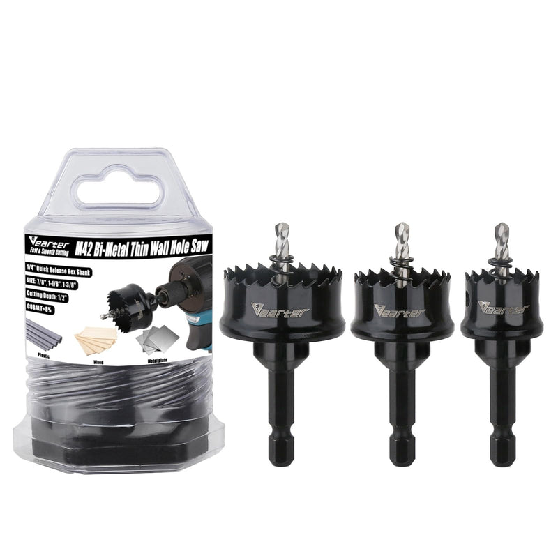 Bi-Metal Hole Saw Kit 3PCS, 7/8'' to1-3/8'' M42 Bimetal Hole Saw Set, Thin Wall Cobalt Drill Hole Cutter with Arbors for Wood, Sheet Metal, Copper, Plaster, PVC, Steel Plate, Drywall, Black 7/8'' - 1-3/8''
