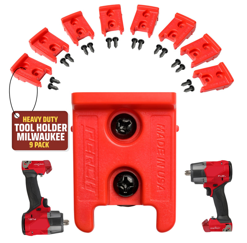 PERCH 9 Pack Tool Holder for Milwaukee M18/18v Cordless Tools - Snap Fit Tool Organizer for Milwaukee Drill Holder, Under Shelf, Wall Mount w/Hardware for Easy Install. Pack of 9