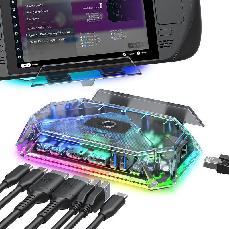 JSAUX RGB Docking Station for Steam Deck (OLED)/ROG Ally/Legion Go, 12-in-1 Handheld Dock with 4K@120Hz HDMI & DisplayPort Gigabit Ethernet USB C 3.2 USB A 3.2/2.0, SD/TF Slots 3.5mm Jack-HB1201S Crystal