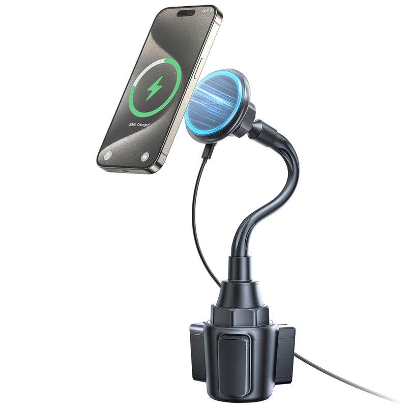 15W MagSafe Car Charger Cup Holder Mount for iPhone | MagSafe Car Mount Charger 15W Fast Charging with Adjustable Gooseneck for iPhone 17 16 15 14 Pro Max Plus Mini MagSafe Case