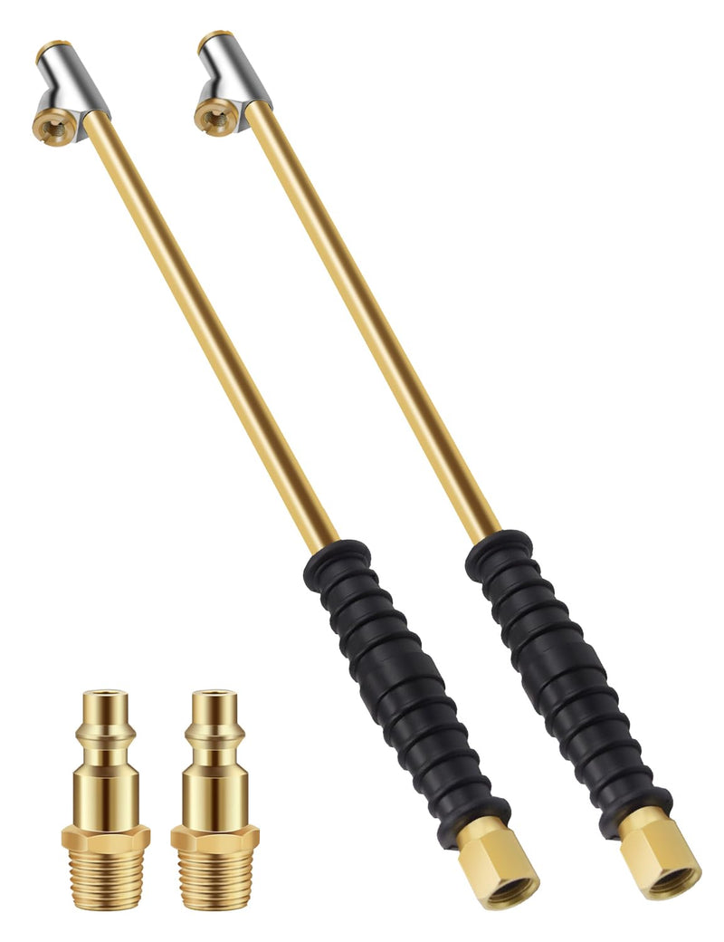 14.9" Extended Reach Dual Head Air Chuck 2 Pack, 2-Way Connection 1/4" FNPT Closed Air Chuck with Rubber Handle, Tire Chuck with Quick Plug Air Compressor Fill Kit (Gold)