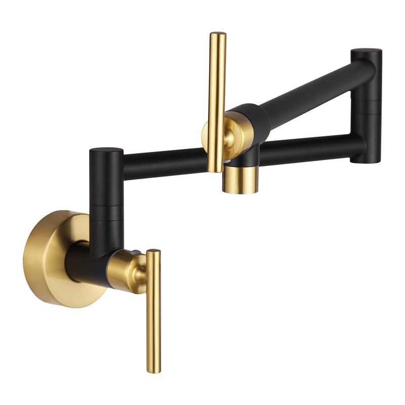 Fransiton Black Gold Pot Filler, Pot Filler Faucet Wall Mount, Brass Folding Stretchable with Double Joint Swing Arm Single Hole Two Handles Kitchen Black & Gold