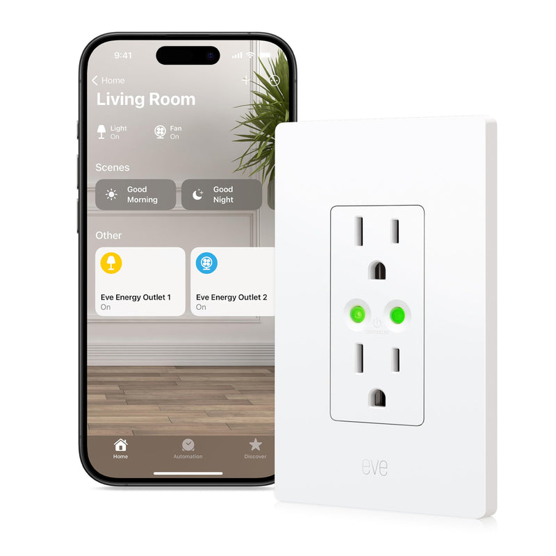 Eve Energy Outlet (Matter) – Smart Outlet & Power Meter, App & Voice Control, No Bridge, Thread, Works with Apple Home, Alexa, Google Home, SmartThings, 100% Privacy, Requires Thread Border Router Single