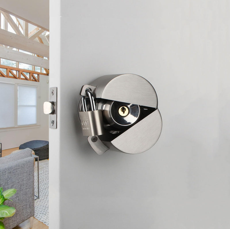 Door Knob Lockout Device with Padlock, Metallic Stainless Steel Locking Cover to Disable Doorknob, Prevents Turning of Door Knob and Access to Keyhole, Prevents Operating The Knob