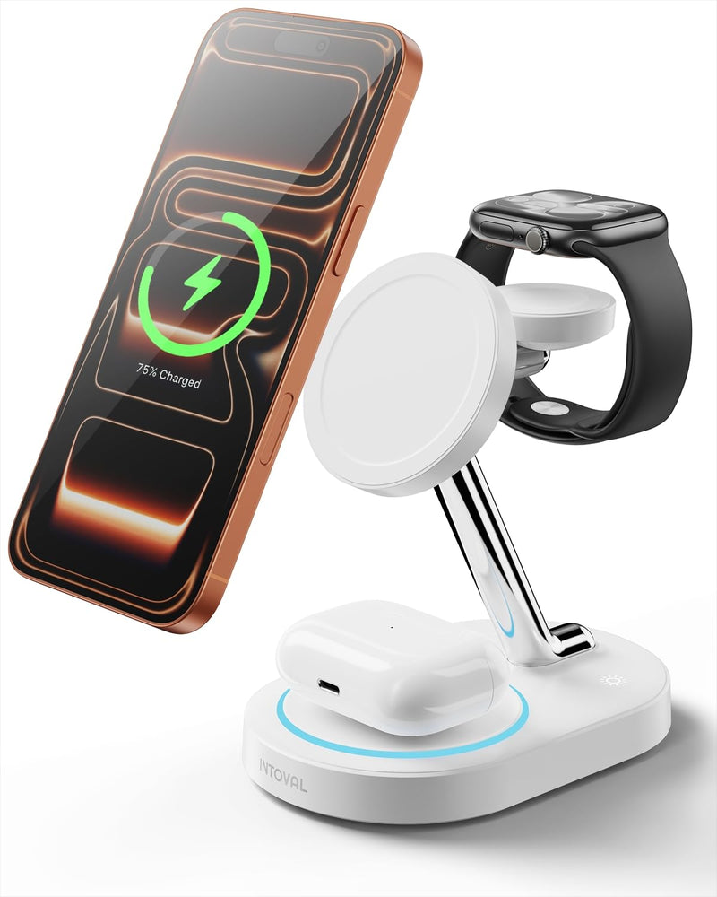 Intoval Fast Charging Station for Magsafe Apple Devices, Wireless Charger for MagSafe iPhones, 3 in 1 Magnetic Charger Stand for iPhone16/15/14/13, Apple Watch & AirPods.(White) White