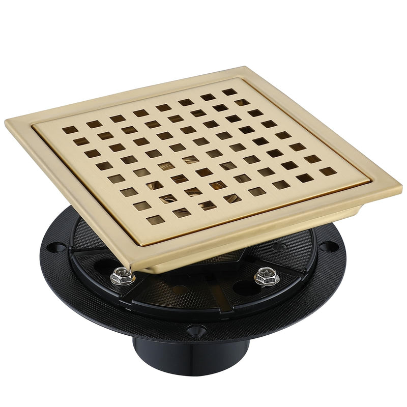 4 Inch Square Shower Floor Drain, Stainless Steel Black Shower Drain Kit with Flange, Floor Drain with Removable Grid Cover,Brushed Gold 4 inch-Grid Brushed Gold