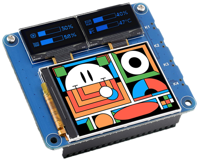 Triple OLED/LCD HAT for Raspberry Pi 5/4B/3B+/3B/Zero W/Zero 2W, Onboard 2inch IPS LCD Main Screen 240x320 SPI Interface and Dual 0.96inch OLED Secondary Screens 128x64 I2C Interface