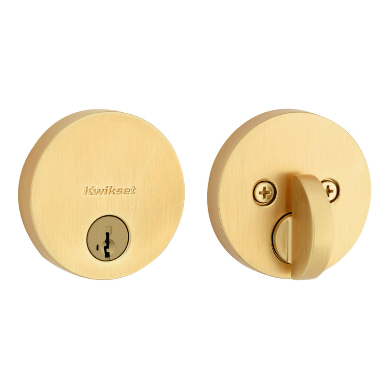 Kwikset Uptown Deadbolt Lock, Satin Brass Round Exterior Keyed Front Entry Door, Pick Resistant SmartKey Rekey Security, Single Cylinder Dead Bolt, with Microban Protection 0.5" x 2.63" x 2.63"