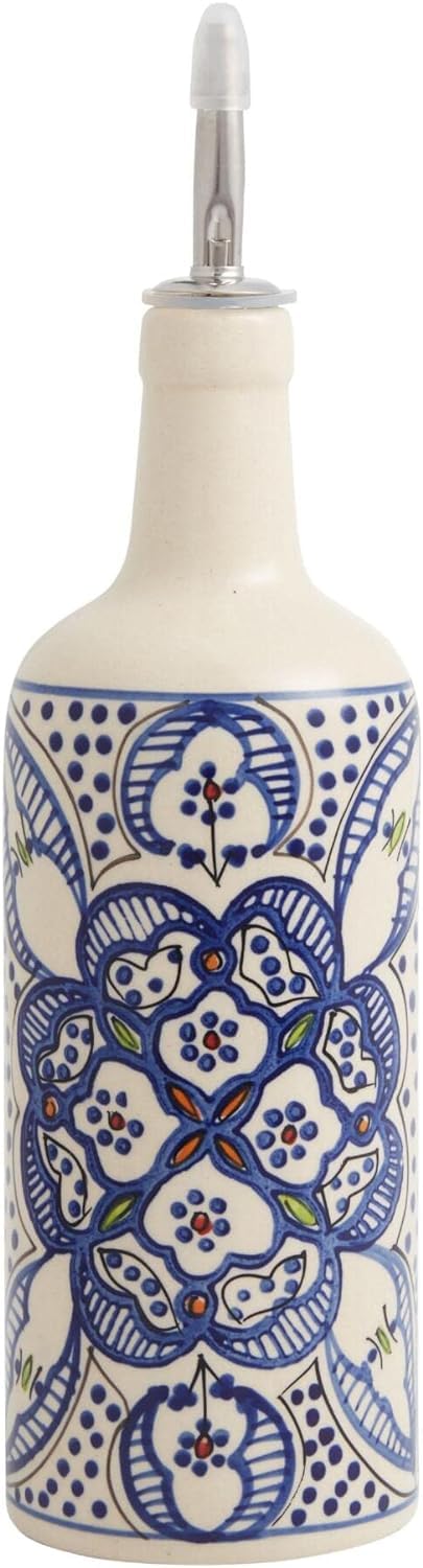Tunis Ceramic Olive Oil Dispenser Bottle for Kitchen - Dripless Olive Oil Dispenser Bottle with Rubber and Stainless Steel Pour Spout - Handcrafted African Art - Cool Kitchen Tools & Gadgets (22 oz)