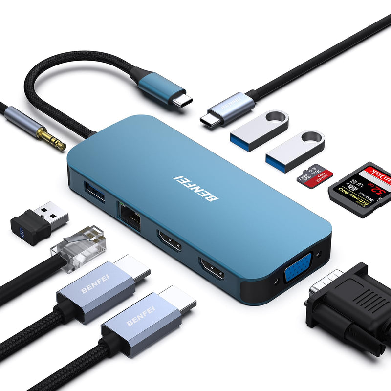 BENFEI 11-in-1 USB C Hub Triple Display Docking Station Dual HDMI, VGA, 3*USB 3.0, 1Gbps Ethernet, 100W Power Delivery, SD/TF Card Reader, 3.5mm AUX Audio Compatible with MacBook XPS Surface Blue