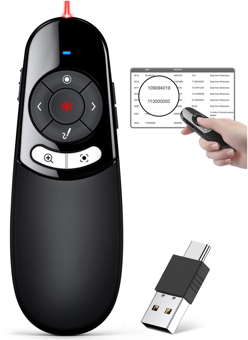 2 in 1 USB Type C Spotlight Presentation Clicker, Advanced Digital Highlighting Magnifier Wireless Presenter for for LED LCD, 2.4GHz PowerPoint Presentation Remote DP100 Red-Spotlight Clicker