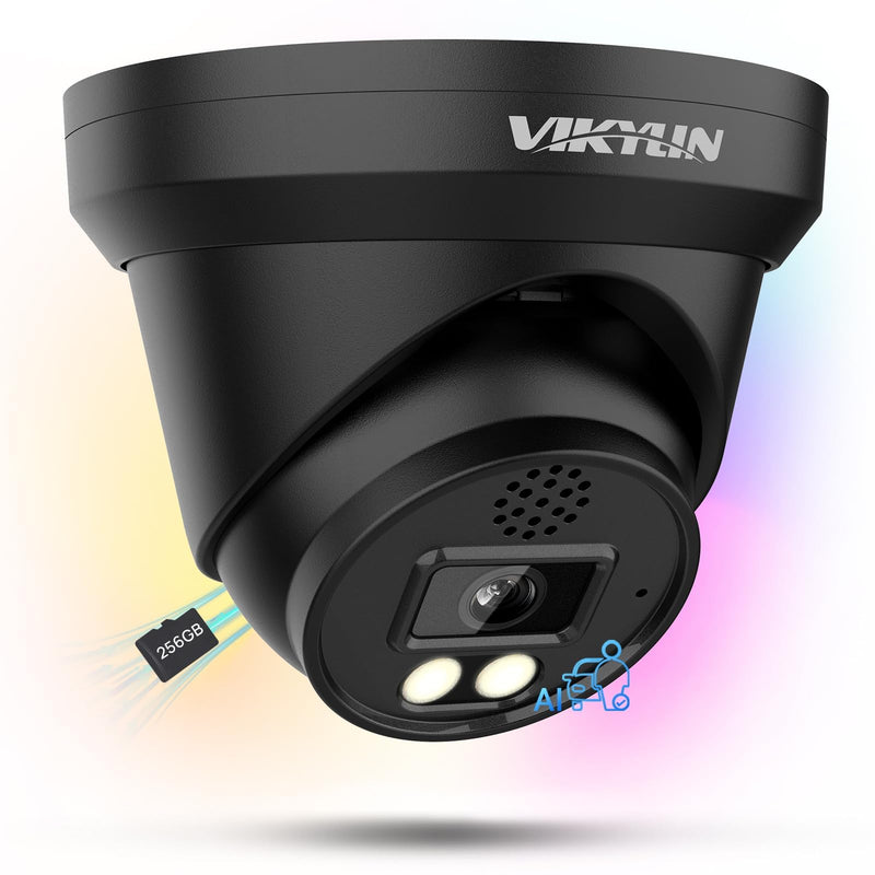 VIKYLIN 4K 8MP Full Color PoE IP Camera, Outdoor 4K PoE Turret Camera with AI Human/Vehicle Detection, 2 Way Talk,2.8mm Lens,F1.0 Aperture,98ft Color View Night Vision,IP67,Blue Iris,NDAA,2387C Black Color AI Camera / Black