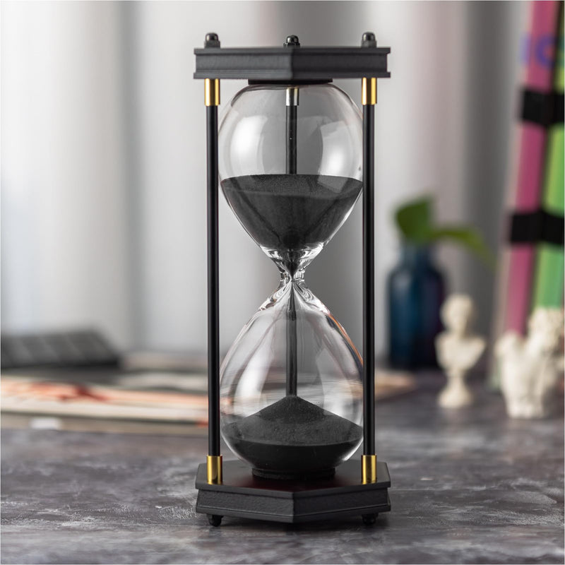 Hourglass Timer 60 Minute, Hexagon Wooden Frame Decorative Sand Timer (Black Sand, Large Size) Hexagon Black Sand