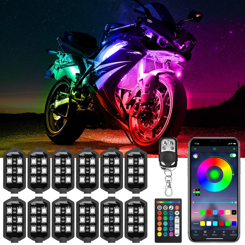 Motorcycle LED Underglow Kit, ICICAR 12 Pcs APP Control RGB 16 Million Color Dual Remote Music Mode IP68 Waterproof Led Lights, Motorcycle Lights with Power Switch