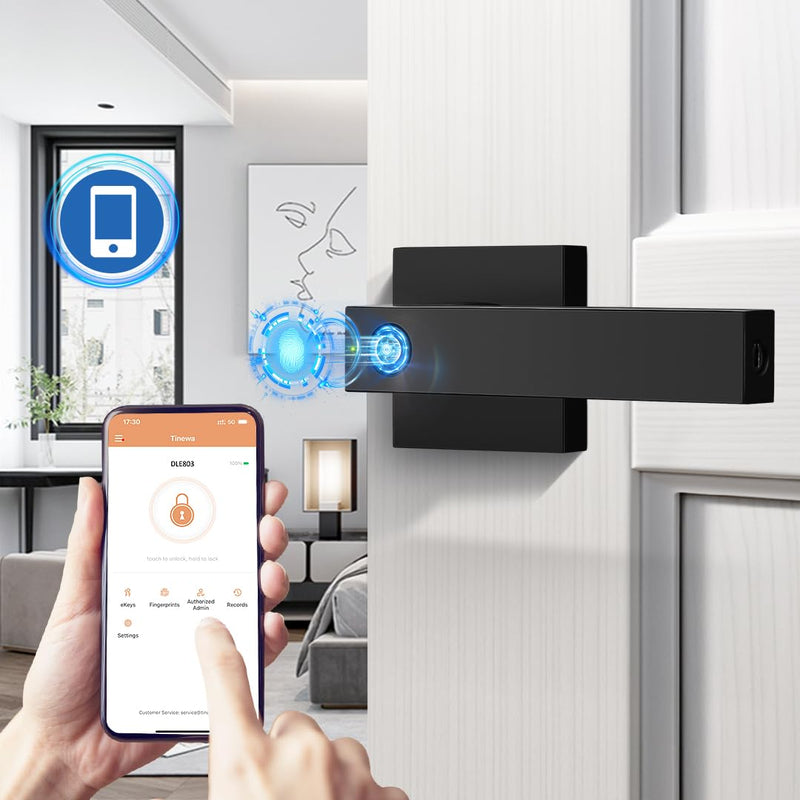Tinewa Fingerprint Door Lock, Biometric Door Knob with Smart Lock, Keyless Entry Door Handle Lock with App, Bedroom, Office, Hotel, Pantry Matte Black