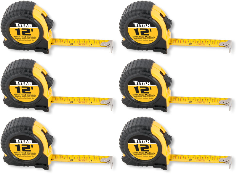 Titan 10912 Tape Measure with Easy-Read Standard Markings and Durable Case, 6-Piece Set, 12-Foot