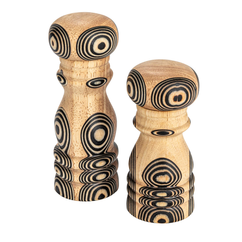 Bloomingville Wood Salt and Pepper Mills with Inlaid Circles Design, Natural and Black, Set of 2