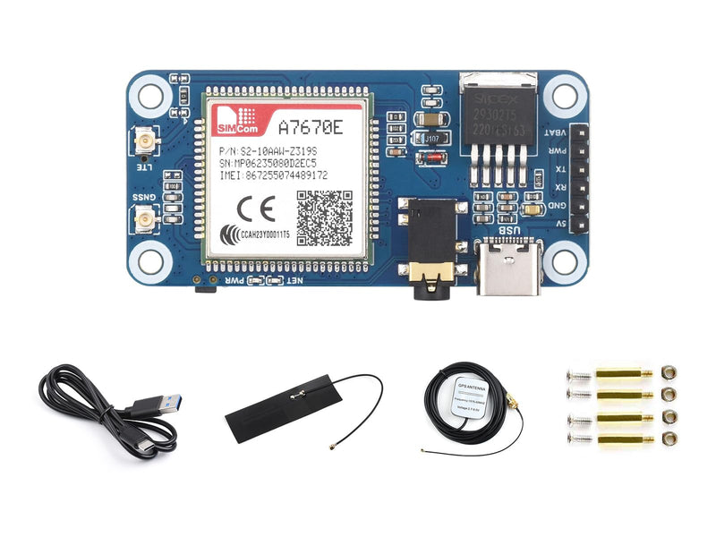 Waveshare Cat-1/GSM/GPRS/GNSS HAT, Compatible with Raspberry Pi, Based On A7670E Module, LTE Cat-1 / 2G Support, GNSS Positioning