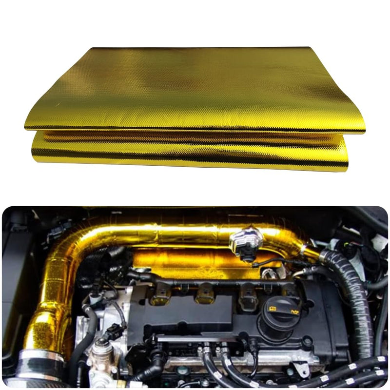 12'' X 48'' Gold Adhesive Heat Shield ReflectiveTape Wrap Roll Compatible Thermal Barrier Adhesive Backed Heat Sleeve Up To 2000 Degrees Fahrenheit with Car Intake Pipe, Engine Bay etc. 12'' X 48''