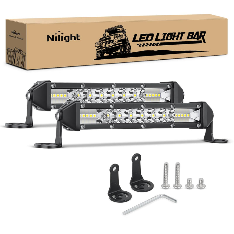 Nilight Slim LED Light Bar 2Pcs 7 Inch 16LED Single Row Spot Flood Combo Fog Driving Work Lighting Roof Bumper Lamp Offroad for 4x4 Trucks SUV ATV UTV White 7Inch 16LED 2Pcs