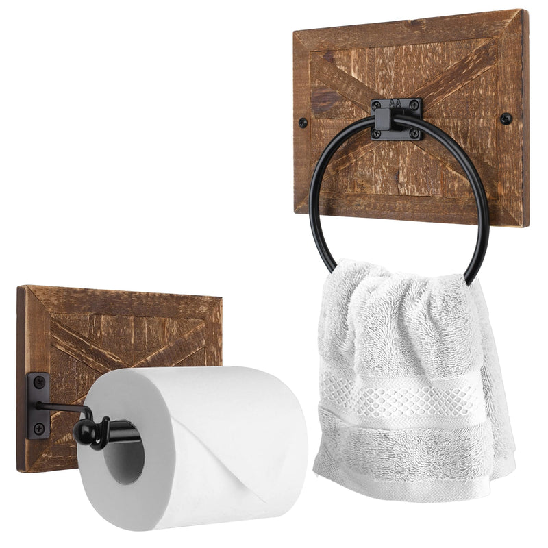Autumn Alley Rustic Farmhouse Toilet Paper Holder and Towel Ring, Wall Mount, 2 Set - Country Western Decor Wall Toilet Paper Holder and Bathroom Hand Towel Holder Decor, Wooden