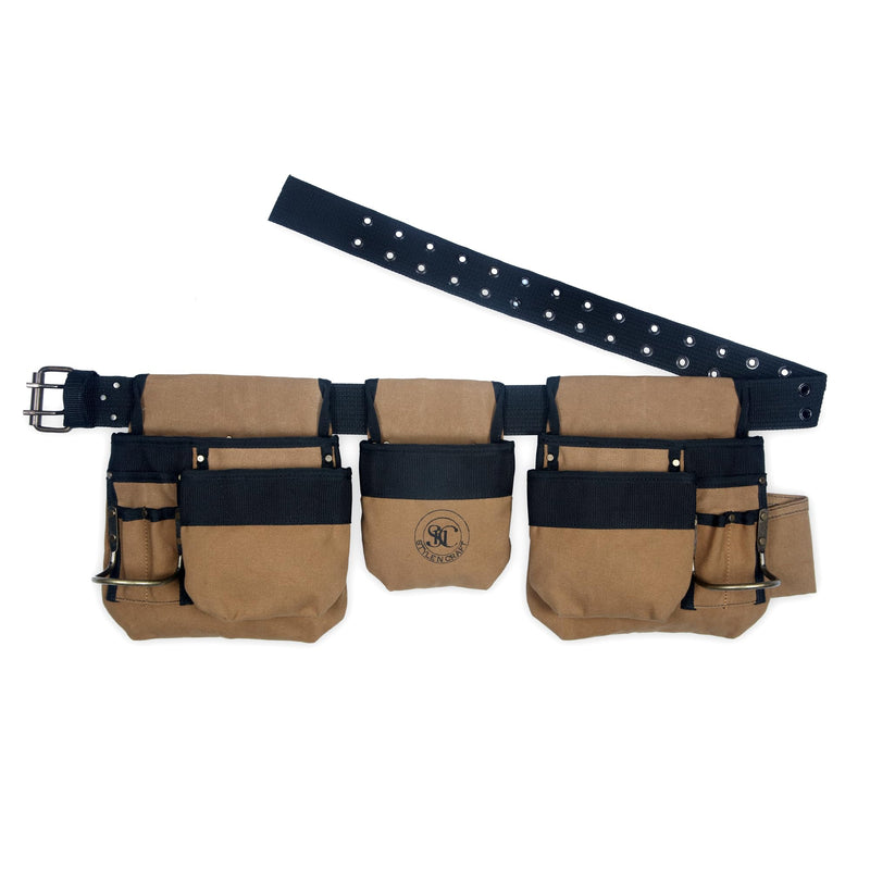 Style n Craft 4-Piece and 12-Pocket Carpenter’s Tool Combo, Tool Belt with 2 Tool Pouches, 1 Tape Measure Pocket, and 2 Metal Hammer Holders, Waterproof Canvas Tool Belt, Brown (97425) 4 pc 12 pocket carpenter's combo - canvas