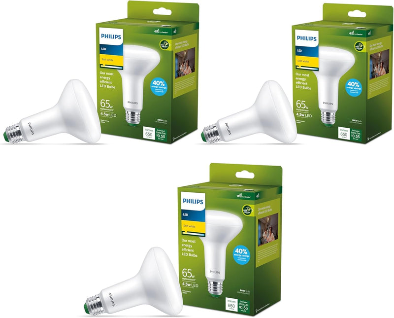 PHILIPS LED 65W BR30 3-Pack Ultra Efficient Soft White Light Bulbs (3000K) 650 Lumen (4.5W = 65W) Dimmable Frosted Flicker-Free Light Bulbs Soft White (3000k) 3 Pack