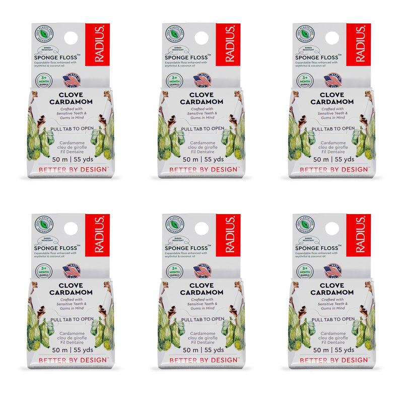 Radius Dental Floss, Sponge Floss, Clove Cardamom, 55 Yards, Vegan & Non-Toxic Oral Care Designed to Help Fight Plaque, Pack of 6 1 Count (Pack of 6)