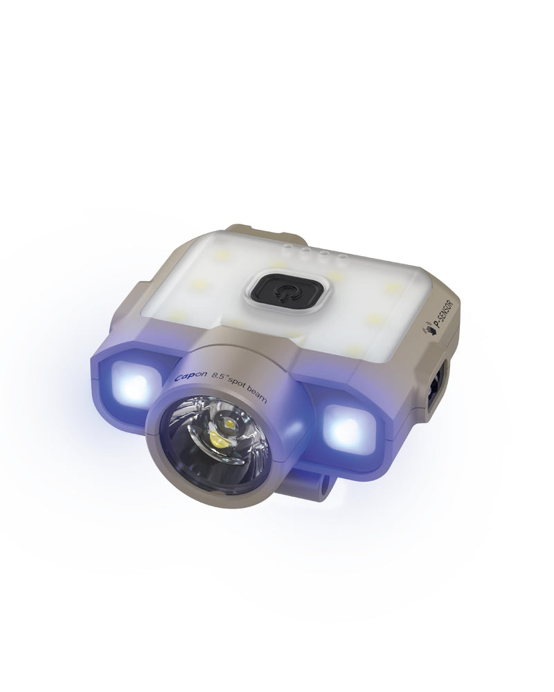Claymore Capon 120D UV (Tan) - LED Rechargeable Clip-On Cap Headlamp, Lightweight Hat Light for Camping, Running, Hiking, Emergency & Industrial Use, Waterproof, Up to 45 Hours of Battery Life. 120D UV (Tan)