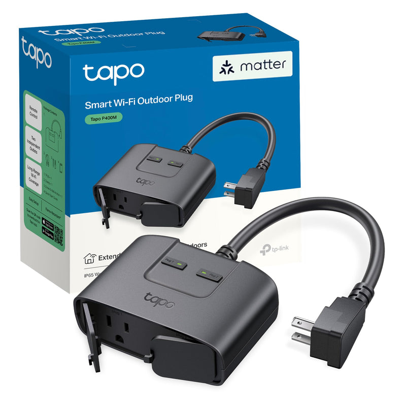 TP-Link Tapo Matter Outdoor Smart Plug, 2 Individual Outlets, IP65 Weather Resistance, Works with Apple Home, Alexa, Google Home, Long Wi-Fi Range, 2.4G Wi-Fi Only, ETL Certified (Tapo P400M) 2-Socket
