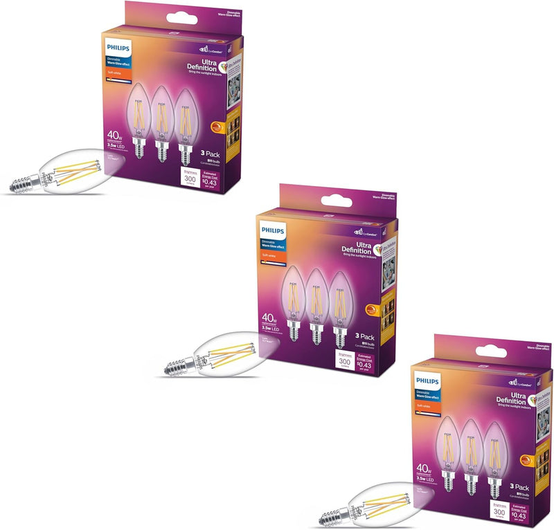 PHILIPS LED 40W B11 9-Pack Ultra Definition Soft White (2700K) 300 Lumen (3.5W = 40W) Dimmable Clear Flicker-Free Candelabra Light Bulbs Soft White (2700k) E12